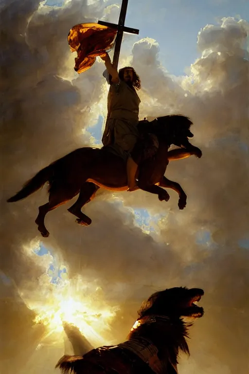 Image similar to beautiful oil painting portrait of ancient roman bernedoodle emperor hovering in the air wearing the civic crown levitating and ascending in stations of the cross pose, art by anders zorn, wonderful masterpiece by greg rutkowski, expressive brush strokes, beautiful cinematic light, american romanticism by greg manchess, jessica rossier