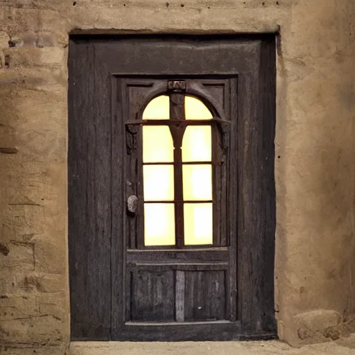 Prompt: A ajar door with a sleeping human face hangs on loops, medieval style, dramatic lighting, medieval style, dramatic lighting