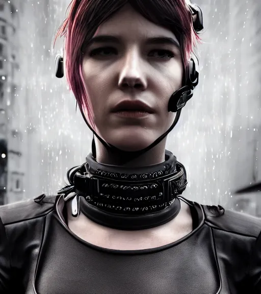 Image similar to detailed realistic female character cyberpunk wearing thick technological collar around neck, realistic, art, beautiful, 4K, collar, choker, collar around neck, punk, artstation, detailed, female, woman, choker, cyberpunk, neon, punk, collar, choker, collar around neck, thick collar, tight around neck, punk,