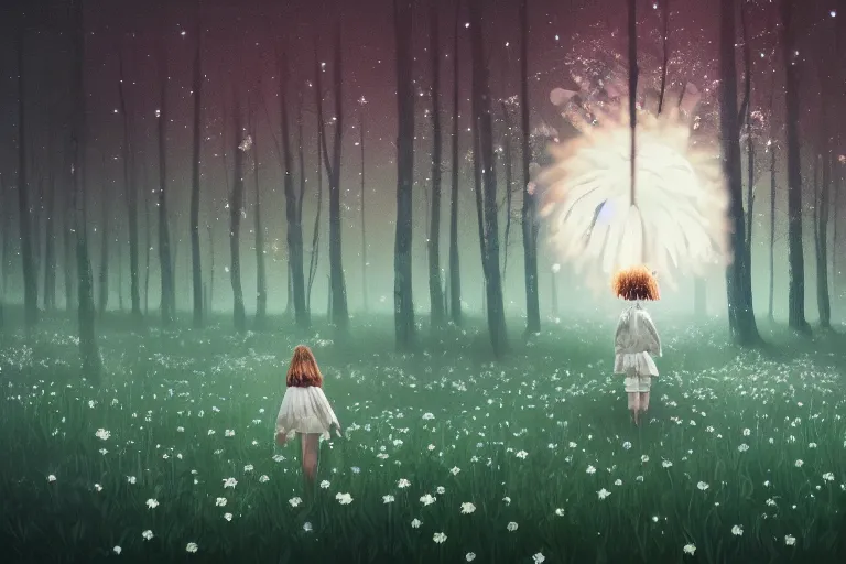 Image similar to giant white daisy flower head, girl walking in dark forest, surreal photography, dark night, stars, moon light, impressionist painting, clouds, digital painting, artstation, simon stalenhag