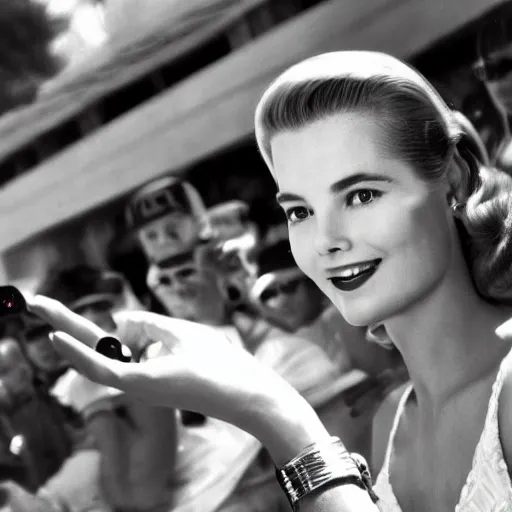 Image similar to selfie smartphone photo of a young Grace Kelly at the Monaco Gran Prix, F1 cars blurred in background, iphone photo, smartphone resolution, trending on instagram, influencer photography