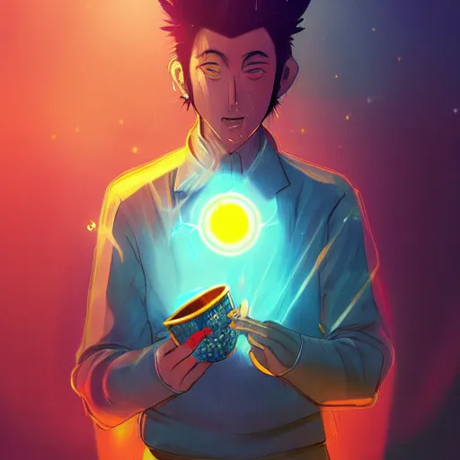 Image similar to A man drinking a cup of cosmic energy bright light by Masafumi Harada, 4k, digital art, surreal, anime style, space dandy style, highly detailed, godsend, artstation, digital painting, concept art, smooth, sharp focus, illustration