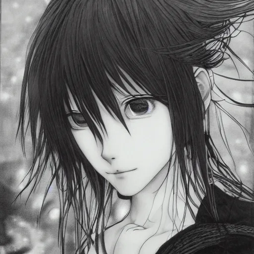 Image similar to a portrait of a character in a scenic environment by Yoshitaka Amano, black and white, dreamy, dark eyes, wavy silver hair, highly detailed