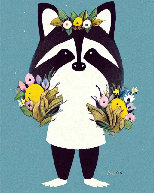 Image similar to a minimalist storybook illustration of a smiling happy cute raccoon wearing a flower crown, by antoine de saint - exupery and annabel kidston and naomi okubo and jean - baptiste monge. a child storybook illustration, muted colors, soft colors, low saturation, fine lines, white paper