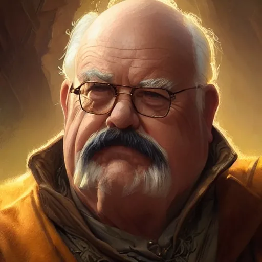 Image similar to Wilfred Brimley, closeup, D&D, fantasy, intricate, elegant, highly detailed, digital painting, artstation, concept art, matte, sharp focus, illustration, hearthstone, art by Artgerm and Greg Rutkowski and Alphonse Mucha