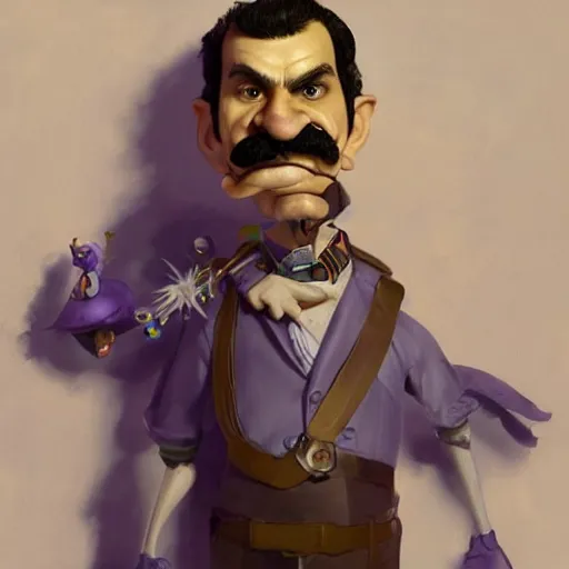 Image similar to beautifully rendered, masterpiece, caricature, claymation, luis guzman as waluigi, painted by tom lovell, wlop, artgerm, dishonored 2,