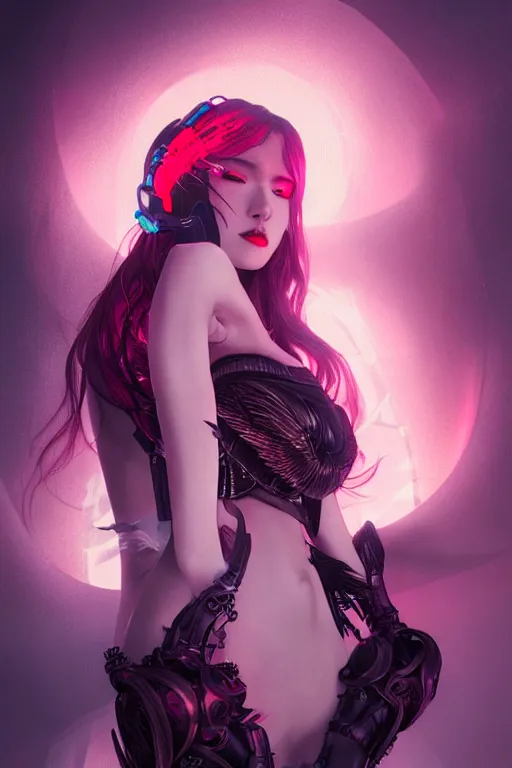 Image similar to portrait futuristic Devil Girl with horns and wings, in future cyberpunk tokyo rooftop , ssci-fi, fantasy, intricate, very very beautiful, elegant, human anatomy, neon light, highly detailed, digital painting, artstation, concept art, smooth, sharp focus, illustration, art by tian zi and WLOP and alphonse mucha