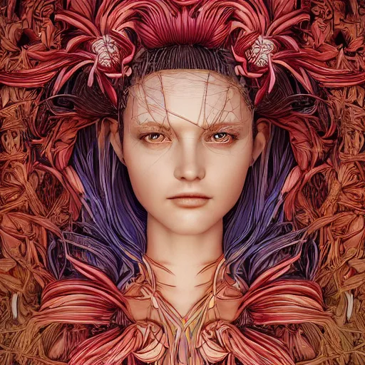 Prompt: the portrait of an incredibly beautiful woman made of onions and lilies, an ultrafine detailed illustration by james jean, final fantasy, intricate linework, bright colors, behance contest winner, vanitas, angular, altermodern, unreal engine 5 highly rendered, global illumination, radiant light, detailed and intricate environment