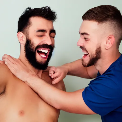 Image similar to man getting his armpits tickled by another man