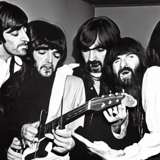 Prompt: charles manson singing with the beatles, black and white, high quality photography, realistic, detailed, uncropped, realistic face,