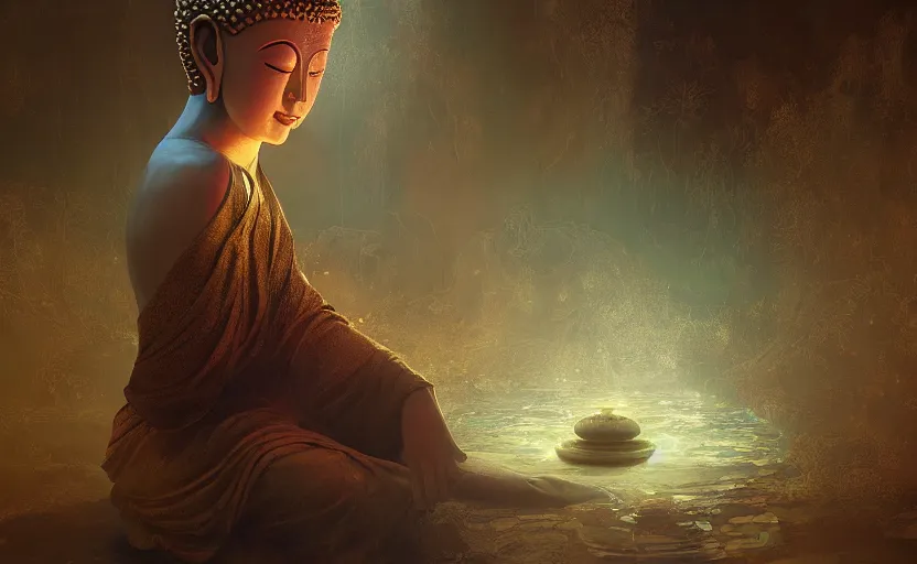 Image similar to The mystical awakening of Buddha, intricate, elegant, volumetric lighting, digital painting, highly detailed, artstation, sharp focus, illustration, concept art, ruan jia, steve mccurry