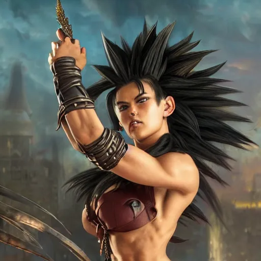 Image similar to warrior girl, muscular girl, wild spiky black saiyan hair, long spiky hair, electrified hair, fistfighting demons, goblins, ultra realistic, intricate details, highly detailed, subsurface scattering, photorealistic, octane render, 8 k, art by artgerm, greg rutkowski, magali villeneuve, alphonse mucha