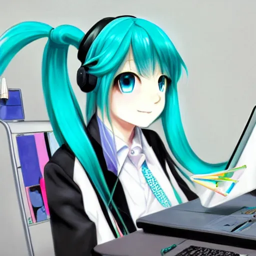 Image similar to hatsune miku using computer, smug face, painting by by ralph grady james, jean christian biville