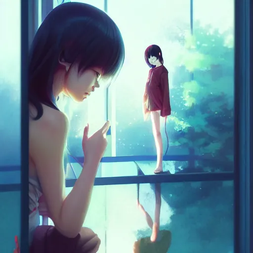 Image similar to very small little girl by ross tran : : reaching into their reflection in the mirror by sana takeda : : rtx reflections, very high intricate details, digital anime art by artgerm, medium shot, mid - shot, composition by ilya kuvshinov, lighting by greg rutkowski