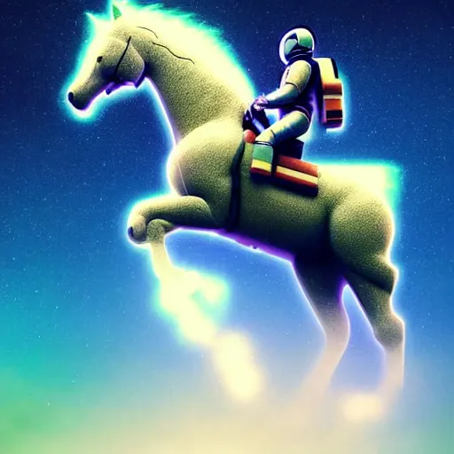 Image similar to digital art of horse situated on top of an human astronaut. from western by hiroyuki okiura and katsuhiro otomo and alejandro hodorovski style with many details by mike winkelmann and vincent di fate in sci - fi style. volumetric natural light photo on dsmc 3 system,