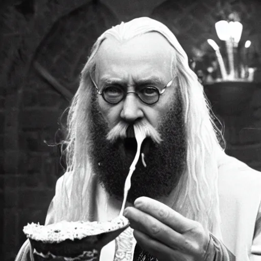 Prompt: Dumbledore from harry potter eating a hot dog messily, mustard and ketchup, high quality image from the movies