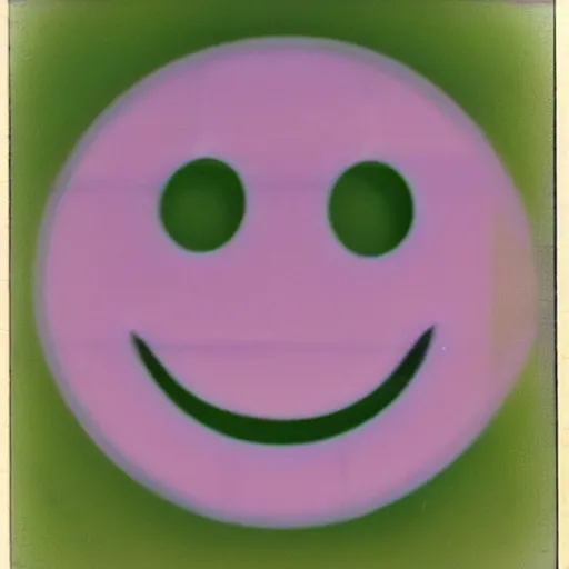 Image similar to a pastel colour Polaroid photo of large smiley face cut out of transparent neon iridescent perspex stood in a field, nostalgic