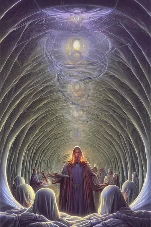 Prompt: an advanced technological computer!!!!!, surrounded by a dark cabal of hooded elven mystics with long robes gathered in a circular formation, michael whelan, dan seagrave, boris vallejo, quantum computer!!!! quantum computer