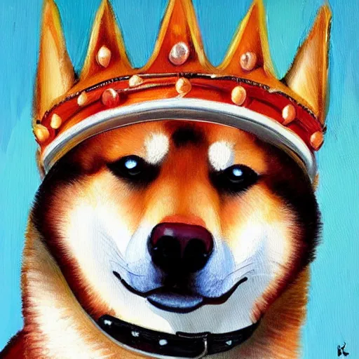 Prompt: high quality oil painting, portrait of a shiba inu dog wearing a royal crown
