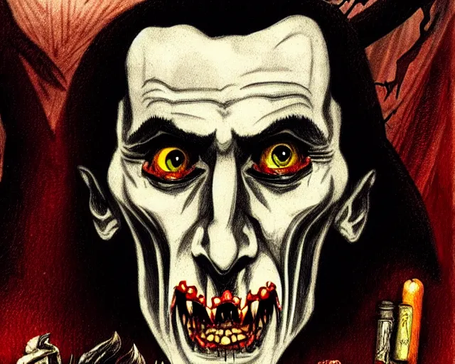 Prompt: dracula, character portrait, close up, concept art, intricate details, highly detailed in the style of otto dix apocalypse