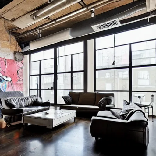 Image similar to trendy downtown loft with modern murals on the wall, modern art and patterns, interior design, beautiful architecture