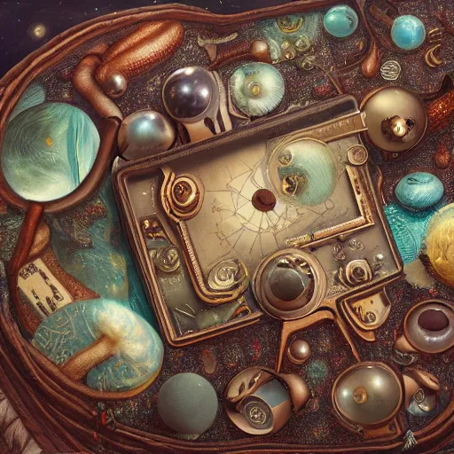 Image similar to universe inside ampoules and alambics in a surreal ancient doctor's bag, intricated detailed, soft painting, depth of field, trending on artstation