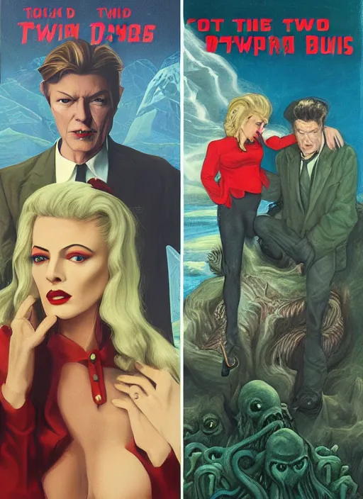 Prompt: twin peaks poster art, david bowie vs cthulhu, old retro pulp noir comic cover, by michael whelan, rossetti bouguereau, artgerm, retro, nostalgic, old fashioned