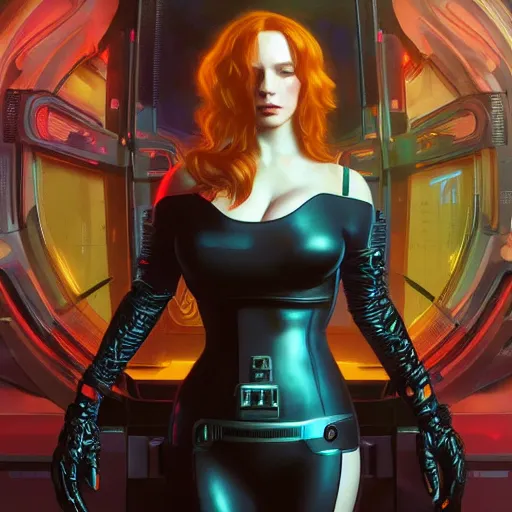 Image similar to christina hendricks wearing cyberpunk 2 0 7 7 futuristic clothing, intricate, elegant, highly detailed, digital painting, artstation, concept art, smooth, sharp focus, illustration, art by artgerm and greg rutkowski and alphonse mucha