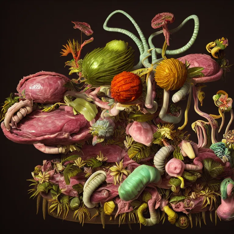 Prompt: still life of surreal alien pastel tropical flowers, rotten moldy meat flesh, colorful mold, surreal alien ribbed tropical fruit, white human spine, baroque painting, beautiful detailed intricate insanely detailed octane render, 8K artistic photography, photorealistic, chiaroscuro, Raphael, Caravaggio