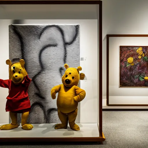 Prompt: winnie the pooh and Piglet visit a gallery, exhibition about honey, paintings of honey, sculptures of bees, plinths made of wood, white gallery, contemporary art, photorealistic