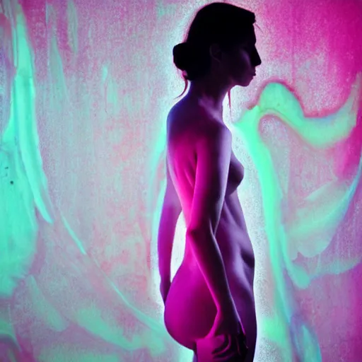 Image similar to beautiful female body silhouette, beautiful portrait, photography by amy leibowitz and filip fedorov, long sheer curtains, urban city photography, close up portrait, cinematic still, film still, magic hour, dark mood, cold colors, sony, kodak, long exposure, art noveau painting, liquid marble fluid painting, neon glow