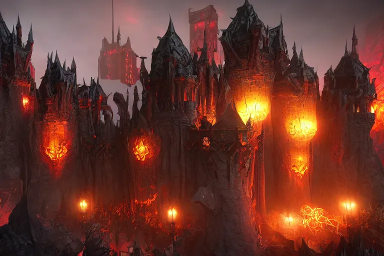 Image similar to big evil castle - city rock dark shadow elves, might and magic heroes vii, dark fantasy, shadows, artstation trending, unreal engine 5, red