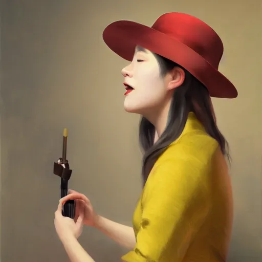 Prompt: a girl wearing a red fedora hat singing in a studio, sitting on a stool, extremely detailed digital painting, in the style of fenghua zhong and ruan jia and jeremy lipking and peter mohrbacher, predominant colors are black and yellow, rim light, beautiful lighting, 8 k, raytracing, octane, trending on artstation