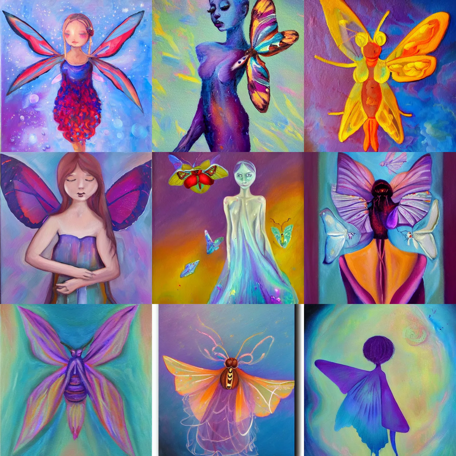 Prompt: an oil painting of cute moth humanoid , superflat art, very ethereal, joy, painterly, heavy impasto, purple, scarlet and blue colours soft gradient, moth inspired dress, androgynous, happy, sea butterflies, calm, ambient, calming