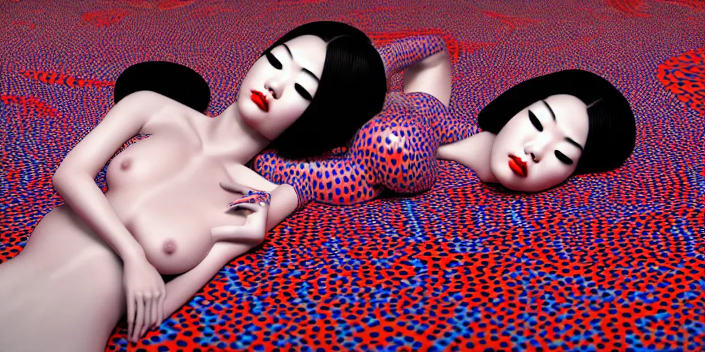 Image similar to hyperrealistic detailed image of a geisha laying in a art installation room, hd smooth interior by yayoi kusama, part by kei mieno, part by ross tran, dark art by james jean, ultra realistic, highly detailed, life like face, detailed body, 8 k, 3 d render by roger magrini, very cohesive, masterpiece