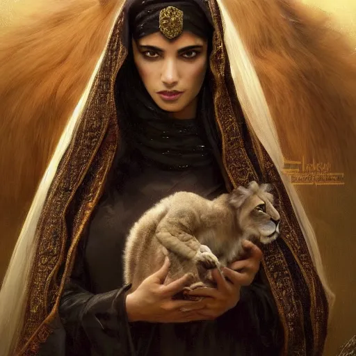 Image similar to a Photorealistic dramatic hyperrealistic render of an arab queen Esther ameera al taweel, green eyes, middle Eastern skin, eyes, black hair, white veil, with a pet lion by WLOP,Artgerm,Greg Rutkowski,Alphonse Mucha, Beautiful dynamic dramatic dark moody lighting,shadows,cinematic atmosphere,Artstation,concept design art,Octane render,8K