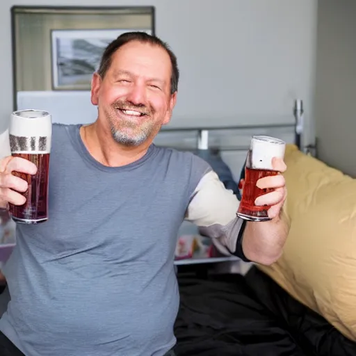 Prompt: a middle aged man, thinning hair, wearing under shirt and underpants, holding a beer, showing off his (racecar! bed) in his apartment.