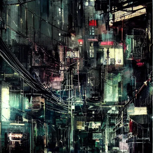 Image similar to a cyberpunk, wires, machines, in a dark future city by jeremy mann, francis bacon and agnes cecile, ink drips, paint smears, digital glitches glitchart c - 1 0