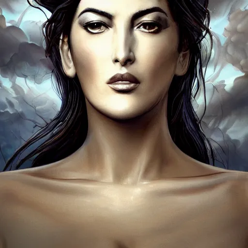 Image similar to A digital masterpiece illustration concept art of giant porcelain statue of a very beautiful Monica Bellucci, beautiful eyes, symmetrical face, symmetrical body, taiga landscape + inspired art by mark brooks + Extremely detailed and intricate complexity + epic composition, magical atmosphere, cinematic lighting + wide long shot, wide angle + trending on artstation + 8k