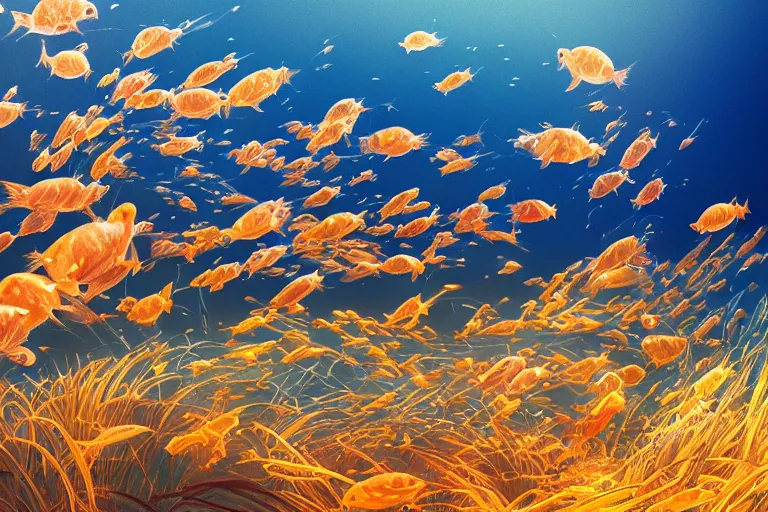 Prompt: portrait of goldfishes swarming the ocean. shadow and light. rays of light. energetic, dynamic, lively, detailed, intricate, complex. fine art by hayao miyazaki, akira toriyama, makoto shinkai, and ohara koson. studio lighting. tilt and shift lens.