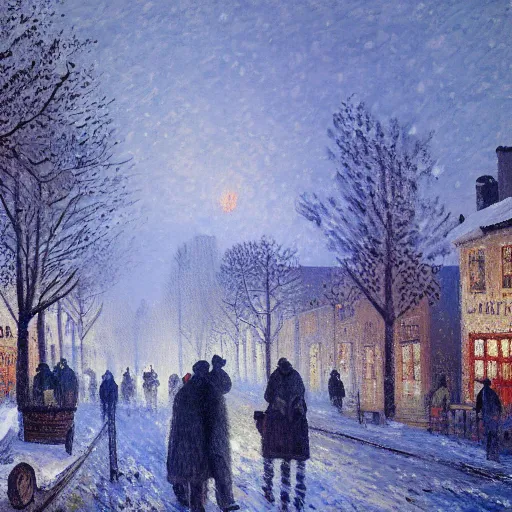 Prompt: A painting of a village during a snow storm, streets, (pedestrians), trees, Camille Pissarro, ((unreal engine)), Christmas tree