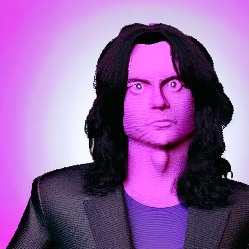Prompt: a 3 d render of a glass sculpture of tommy wiseau set to the windows 9 5 background, vaporwave, pink background, hazy, dreamy, rendered in unreal engine