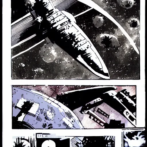 Image similar to a huge spaceship fighting aliens by frank miller.