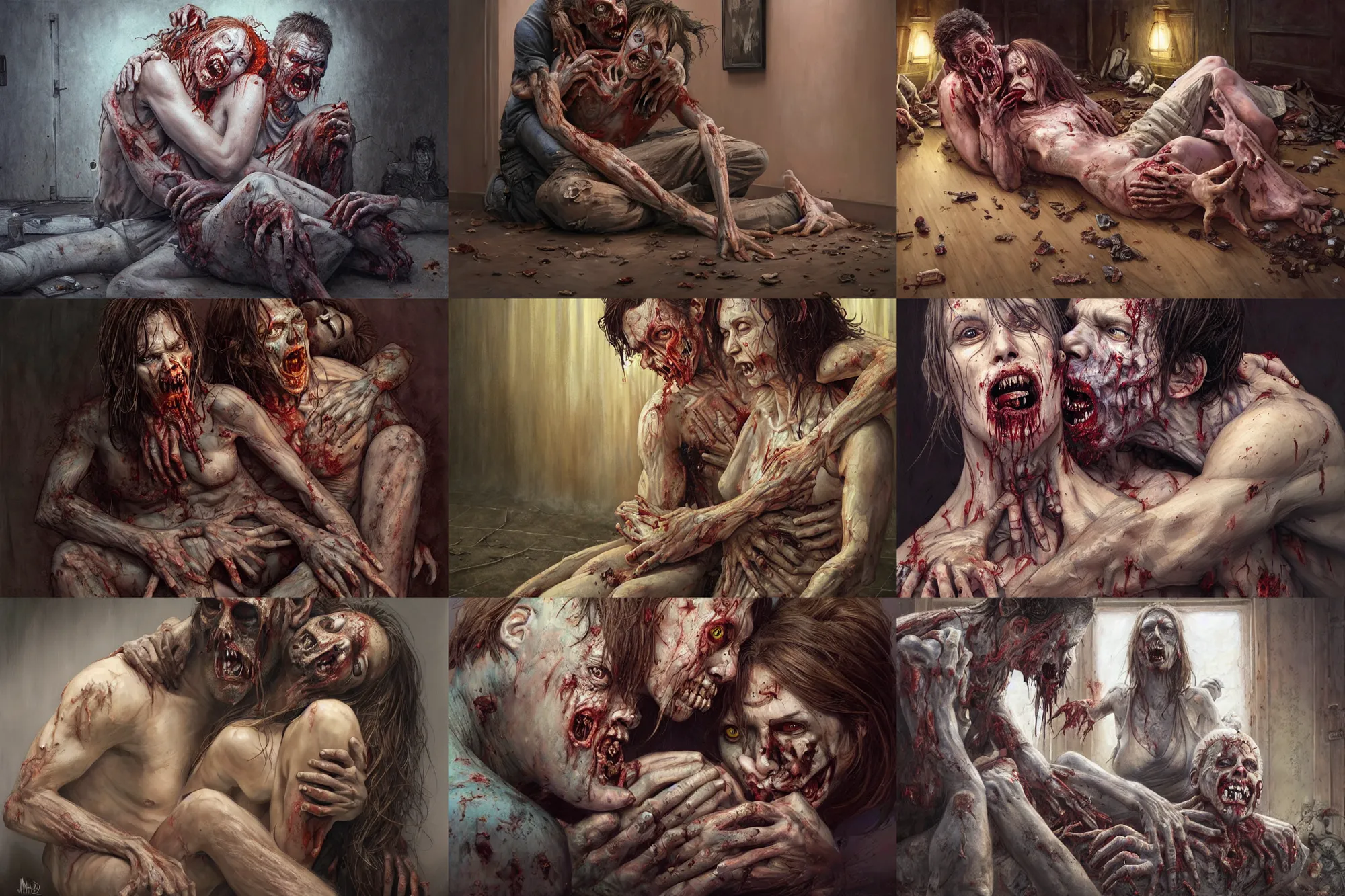 Prompt: zombie man sitting on the floor while devouring a woman, hugging each other in living room of a modern kentucky house, | highly detailed | very intricate | symmetrical | cinematic lighting | award - winning | closeup portrait | painted by donato giancola and mandy jurgens and rossdraws and rhads | featured on artstation