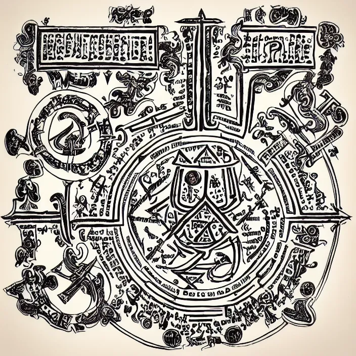 Prompt: high contrast occult ritual diagram, ornate elaborate inked antique diagram of complicated occult ritual runes and markings