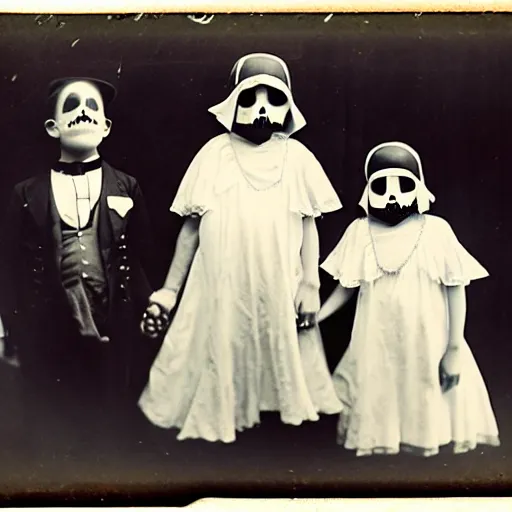 Prompt: Kids in vintage Halloween costumes, photo taken on an old box camera, black and white, film grain, 1920s, Daguerreotype, old photo, detailed, grotesque