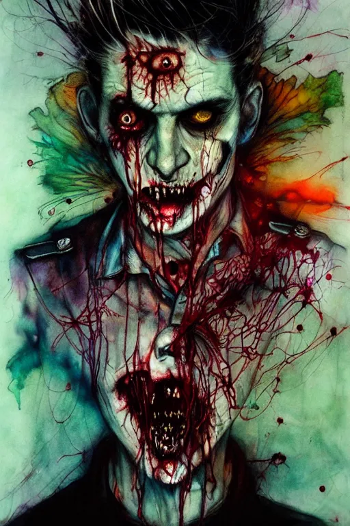 Image similar to zombie cop by agnes cecile, enki bilal, brian froud, bernie wrightson, intricated details, 3 / 4 view, full body portrait, extremely luminous bright design, horror, pastel colours, toxic drips, autumn lights