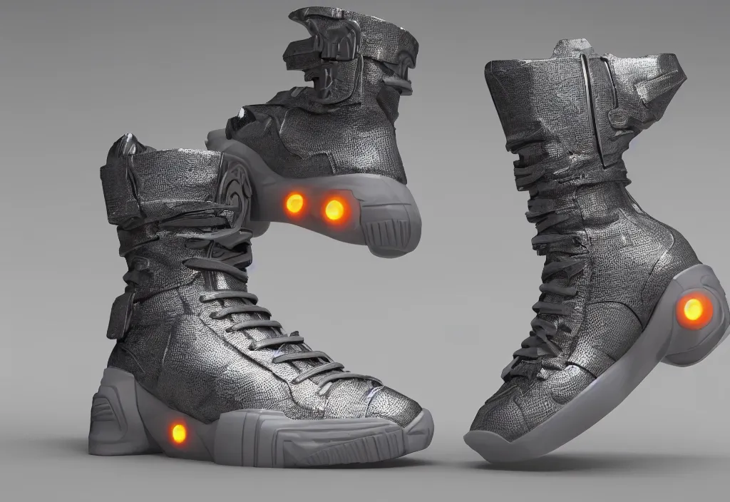 Prompt: one futuristic high - top sneaker with neon illuminated soles on a grey surface, soft orange laces, clean 3 d render, beautiful studio lighting, soft, sharp focus, cyberpunk, intricate detail, gold filigree, soft rubber, octane render, trending on artstation, deviantart, art by iris van herpen and syd mead and android jones