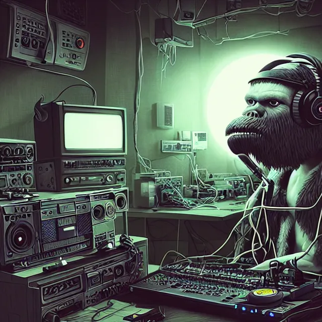 Prompt: a portrait of an anthropomorphic cyberpunk yeti podcasting in his secret electronics lab, detailed render, tape deck, studio microphone, boombox, headphones, epic composition, cybernetics, 4 k realistic, cryengine, realistic shaded lighting, sharp focus, masterpiece, by matteo scalera, gary montalbano, peter elson in the style of the tokyo ghost comic