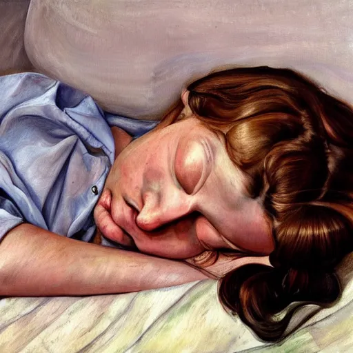 Prompt: high quality high detail painting by lucian freud, hd, exhausted girl portrait, photorealistic lighting